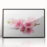Framed acrylic wall art showcasing a delicate cherry blossom design with intricate pink flowers and green leaves set against a black background, adding elegance to any interior decor.