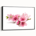 Framed canvas wall art showcasing a botanical cherry blossom design, featuring delicate pink flowers on a black background, viewed from the side for depth and detail.