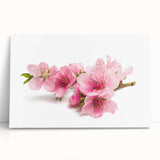 Stretched canvas wall art featuring a vibrant cherry blossom botanical design, showcasing delicate pink flowers and lush green leaves, perfect for home decor.