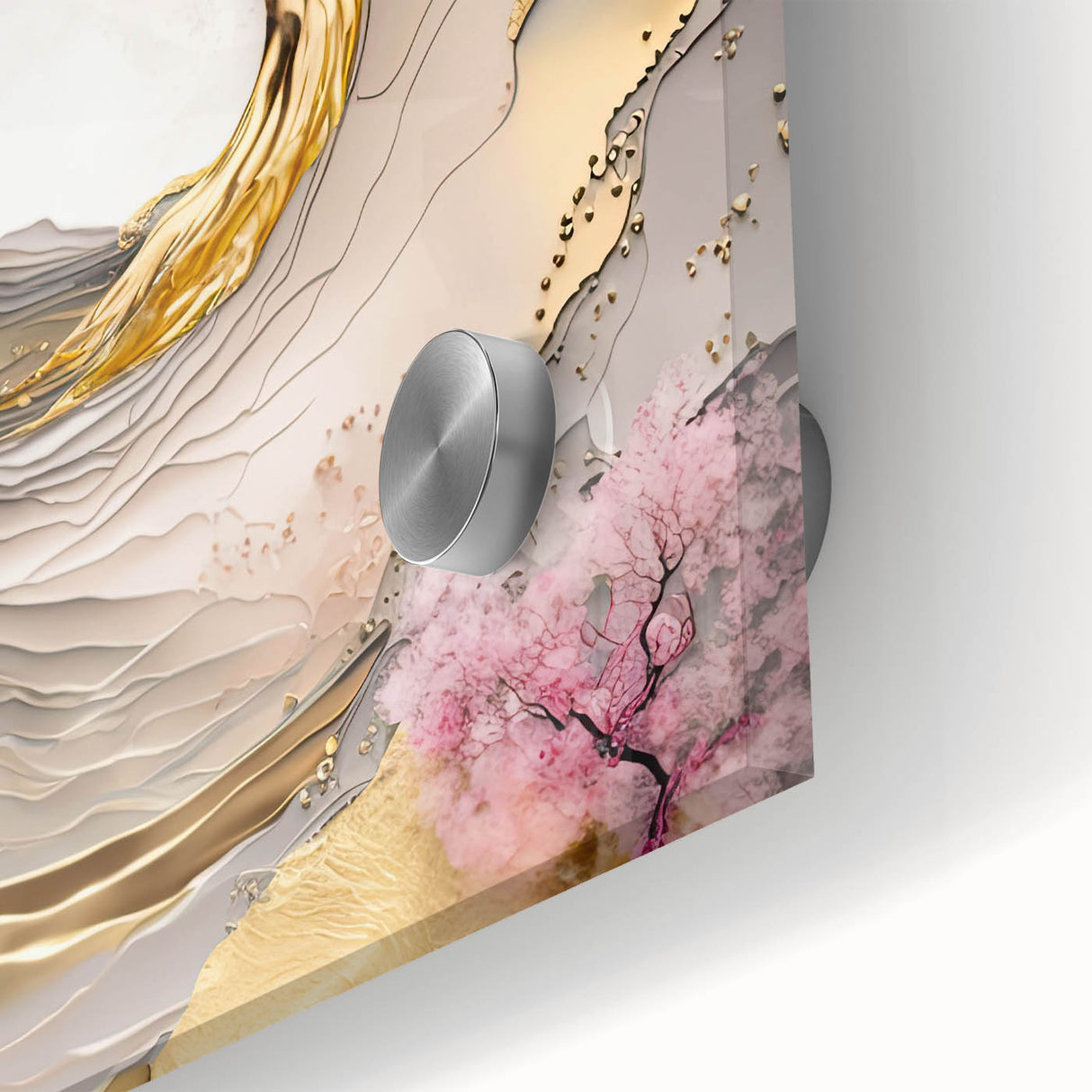 Close-up of a botanical wall art piece featuring delicate cherry blossoms on a sleek acrylic glass surface, showcasing intricate details and soft pink hues, ideal for home decor.