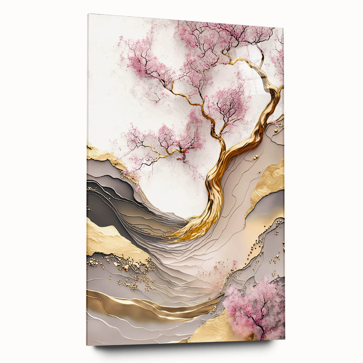 Cherry blossom wall art design on acrylic glass, showcasing delicate pink flowers against a soft white background, perfect for adding a touch of elegance to any space.