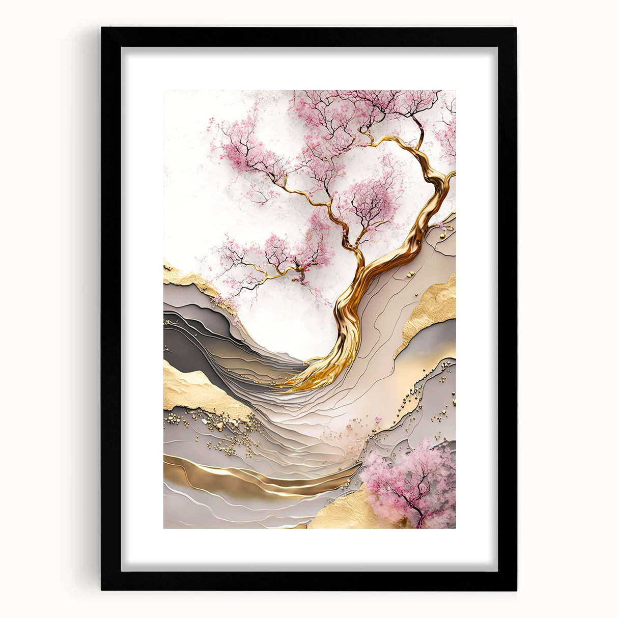 Black-framed wall art featuring a botanical cherry blossom design, showcasing delicate pink flowers and green leaves, perfect for home decor.