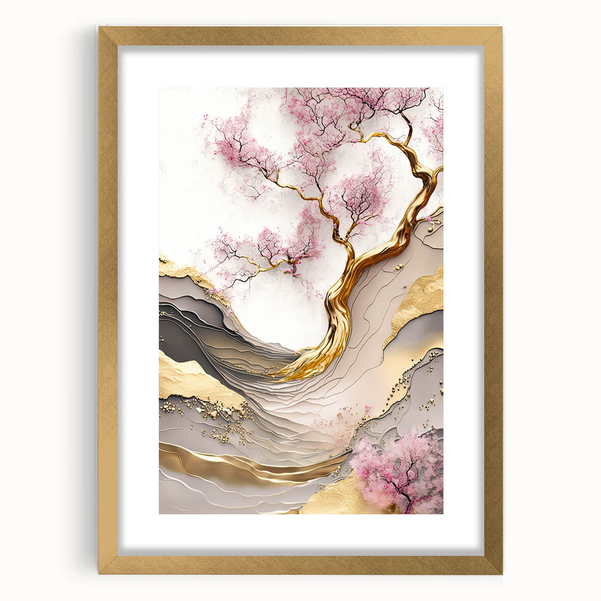Framed botanical wall art featuring delicate cherry blossom design with a gold mat, showcasing vibrant pink and white flowers against a soft backdrop. Ideal for enhancing home decor with a touch of elegance.