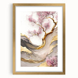 Framed botanical wall art featuring delicate cherry blossom design with a gold mat, showcasing vibrant pink and white flowers against a soft backdrop. Ideal for enhancing home decor with a touch of elegance.