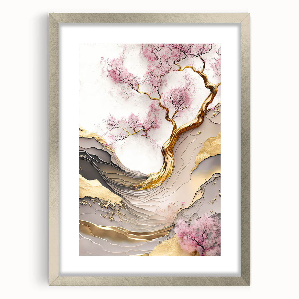 Botanical wall art print featuring delicate cherry blossom design in a silver frame with a mat, ideal for home decor and adding a touch of elegance to any room.
