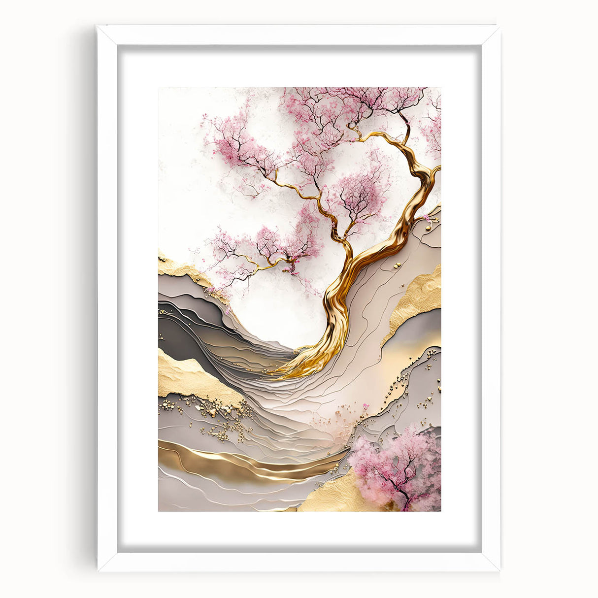 Cherry blossom wall art featuring delicate pink flowers against a white background, elegantly framed with a mat for a chic home decor accent. Perfect for nature lovers.