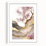 Cherry blossom wall art featuring delicate pink flowers against a white background, elegantly framed with a mat for a chic home decor accent. Perfect for nature lovers.