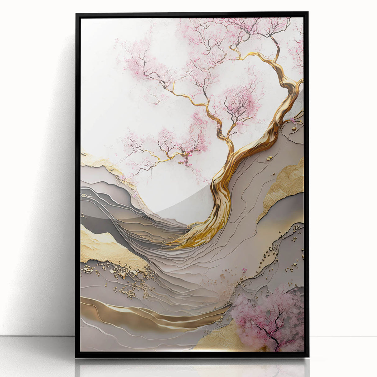 Framed wall art featuring a botanical cherry blossom design in a sleek black frame, showcasing delicate pink flowers against a white background, perfect for home decor.