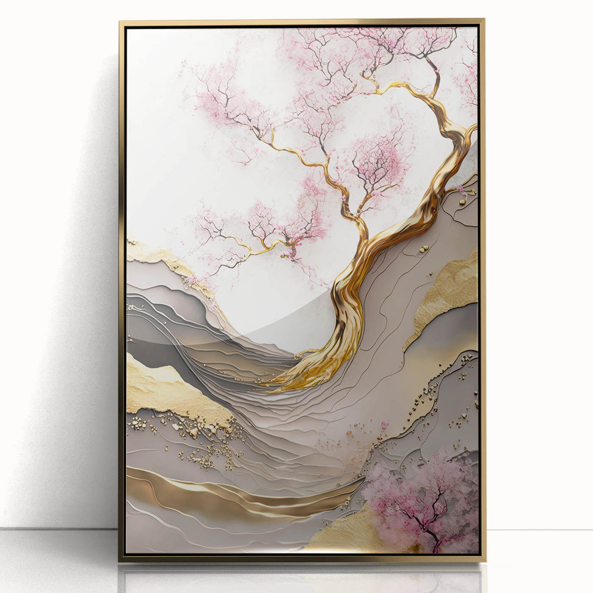 Framed wall art showcasing a vibrant cherry blossom botanical design with a gold-accented frame, perfect for adding elegance to home decor.