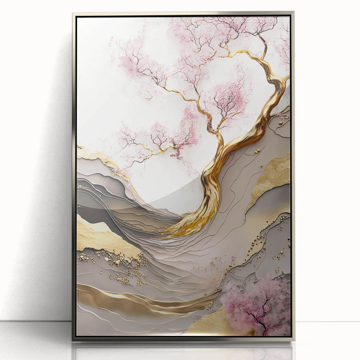 Framed botanical wall art featuring a delicate cherry blossom design, showcased in a sleek silver frame, ideal for enhancing modern home decor. The vibrant colors and intricate details bring elegance and tranquility to any space.