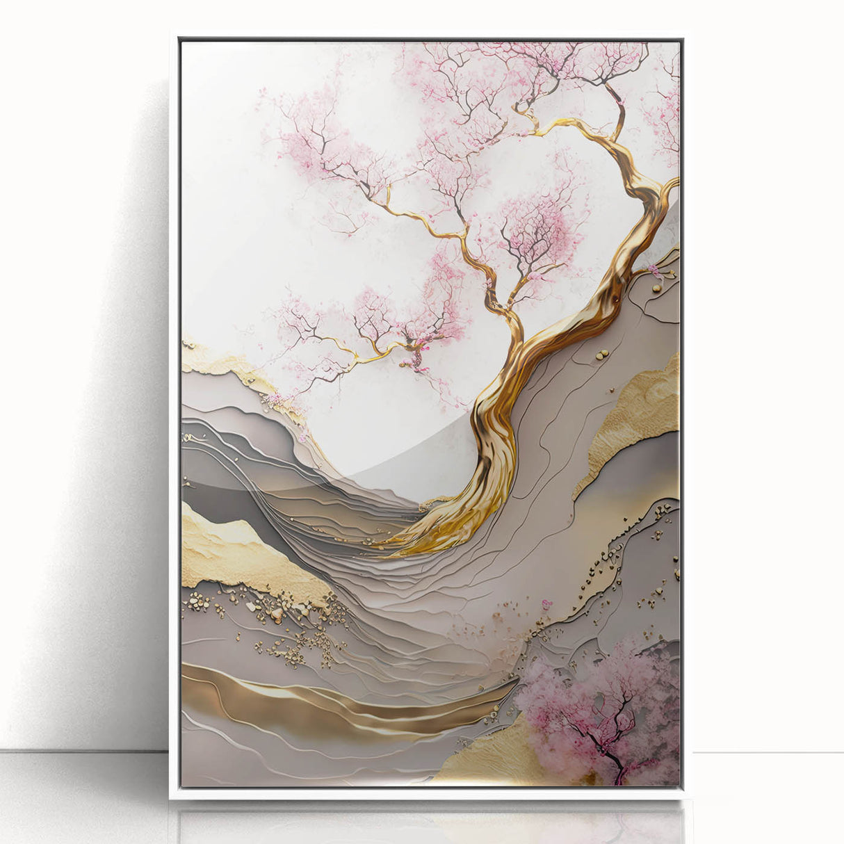 Framed acrylic wall art featuring a delicate cherry blossom botanical design, showcasing soft pink hues against a white background, ideal for home decor.