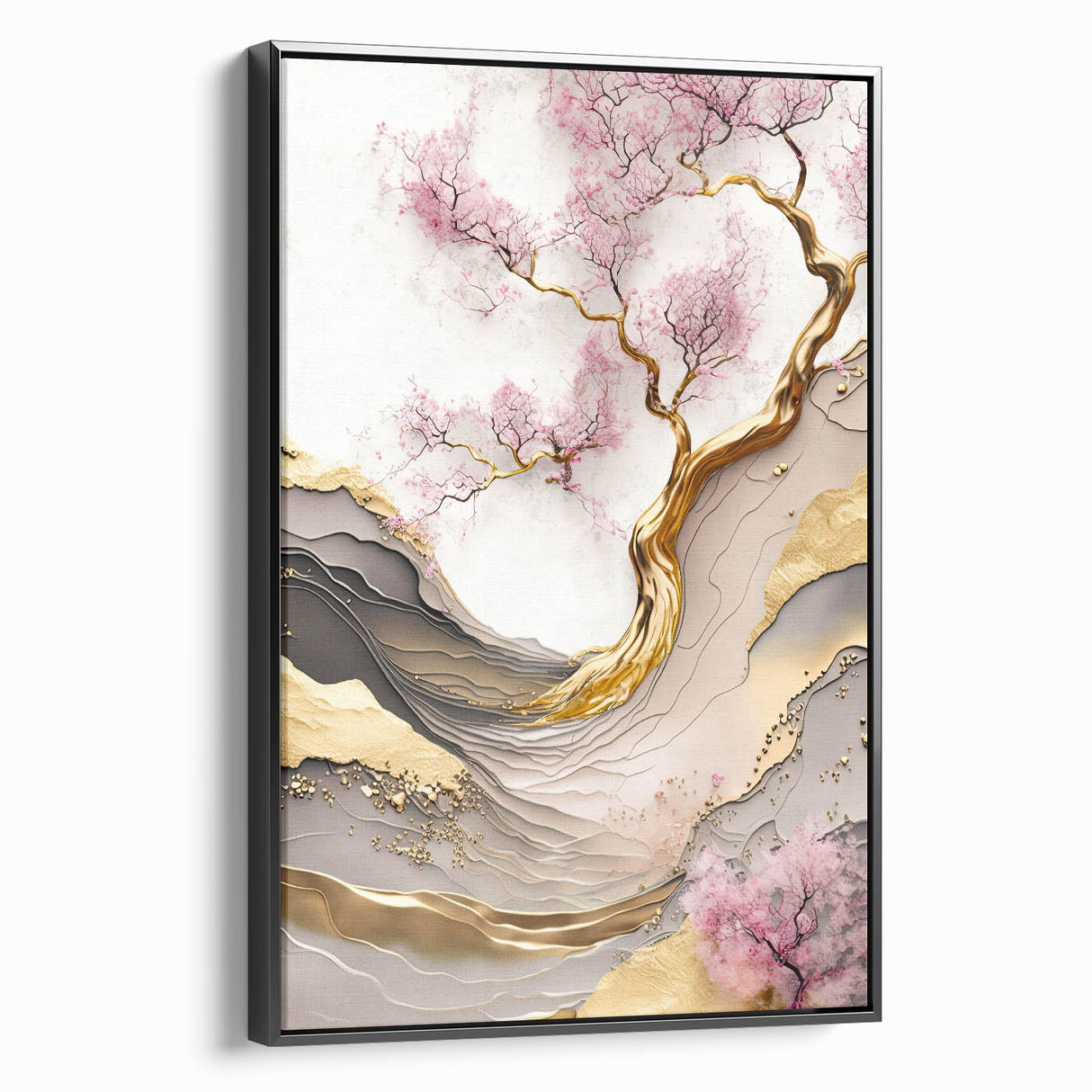 Framed canvas wall art showcasing a botanical cherry blossom design with a black frame, highlighting delicate pink flowers and intricate details, perfect for home decor.