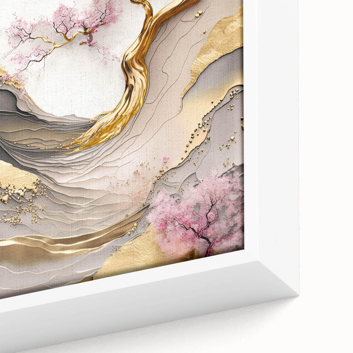 Close-up of a framed botanical wall art piece showcasing delicate cherry blossoms in soft pink hues against a light background, ideal for enhancing home decor.
