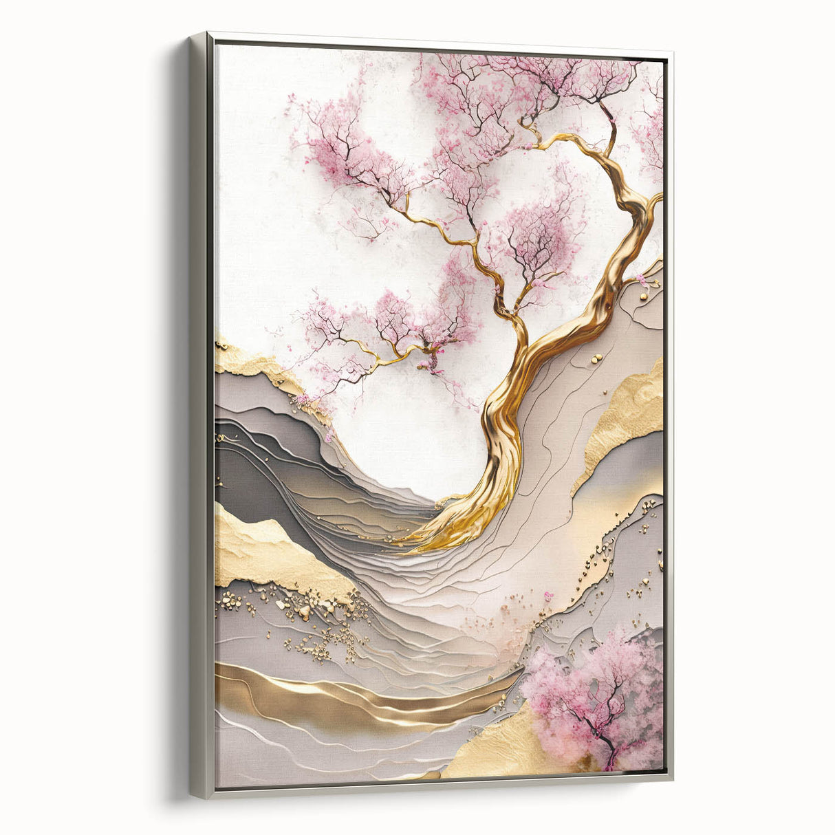 Framed botanical wall art featuring delicate cherry blossom design on a textured canvas, presented in an elegant silver frame, perfect for home decor enhancement.