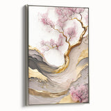 Framed botanical wall art featuring delicate cherry blossom design on a textured canvas, presented in an elegant silver frame, perfect for home decor enhancement.