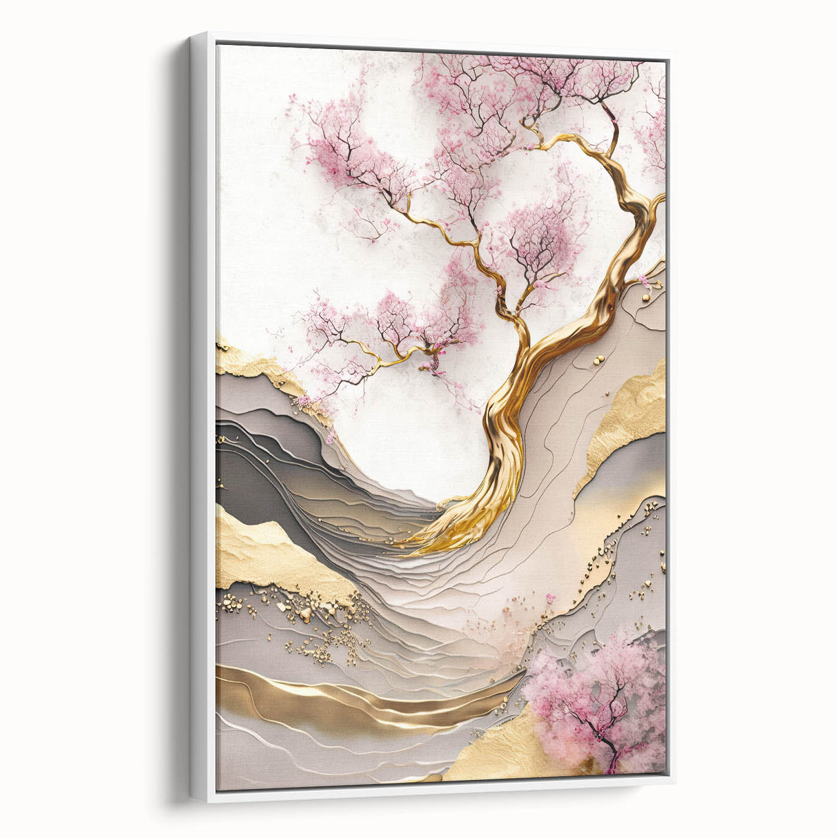 Framed canvas wall art showcasing a delicate cherry blossom botanical design, with a white frame, adding elegance to any interior decor setting. Perfect for nature lovers and home decoration enthusiasts.