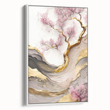 Framed canvas wall art showcasing a delicate cherry blossom botanical design, with a white frame, adding elegance to any interior decor setting. Perfect for nature lovers and home decoration enthusiasts.