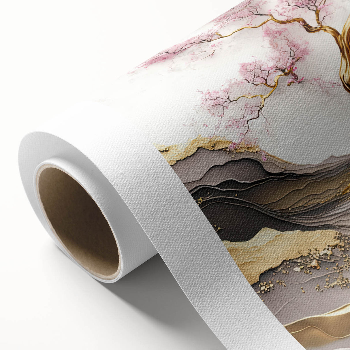 Rolled canvas artwork showcasing a delicate botanical cherry blossom design, featuring soft pink flowers against a neutral background, perfect for enhancing home decor.