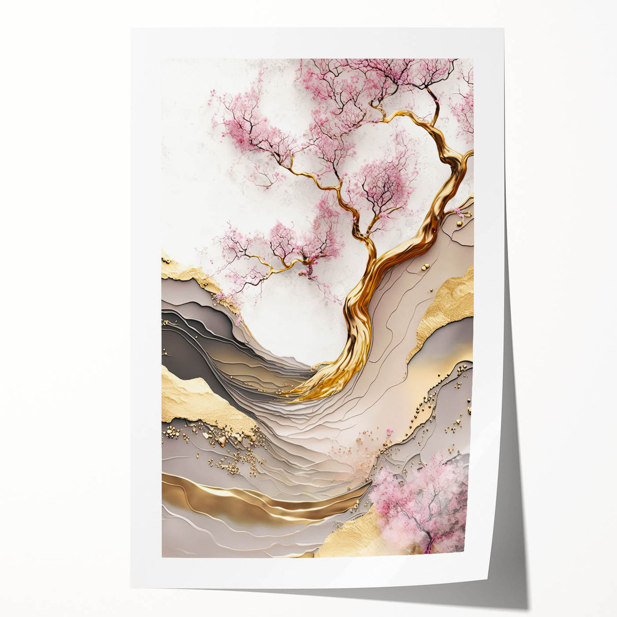 Cherry blossom botanical wall art print featuring delicate pink flowers and green leaves, designed for elegant home decor, rolled for easy display and shipping.