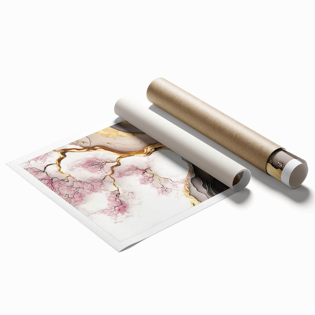 Cherry blossom wall art print showcasing delicate pink flowers against a soft white background, rolled for easy display and shipping in a protective tube. Ideal for nature-inspired decor.