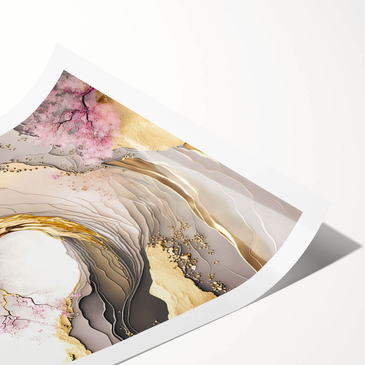 Cherry blossom botanical wall art print showcasing delicate pink flowers against a soft pastel background, rolled and ready for framing, ideal for home decor.