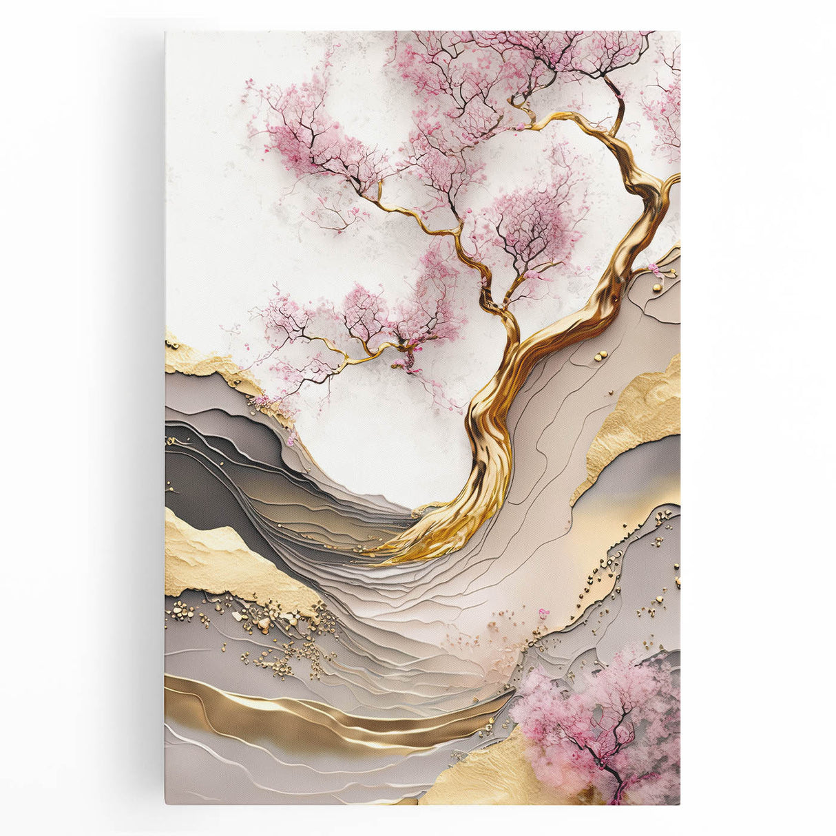 Stretched canvas wall art showcasing a vibrant cherry blossom botanical design, featuring delicate pink flowers on a soft pastel background, perfect for spring decor.