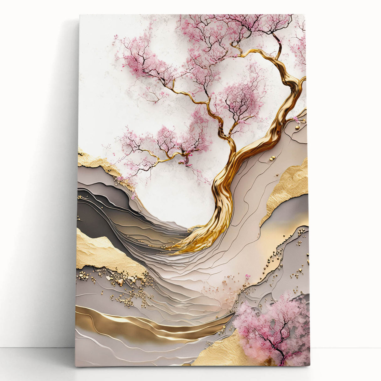 Stretched canvas wall art showcasing a delicate cherry blossom botanical design, featuring soft pink flowers against a light background, perfect for home decor.