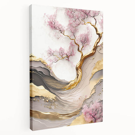 Cherry blossom wall art collection on stretched canvas, showcasing intricate floral designs in soft pink and white hues, perfect for home decor.