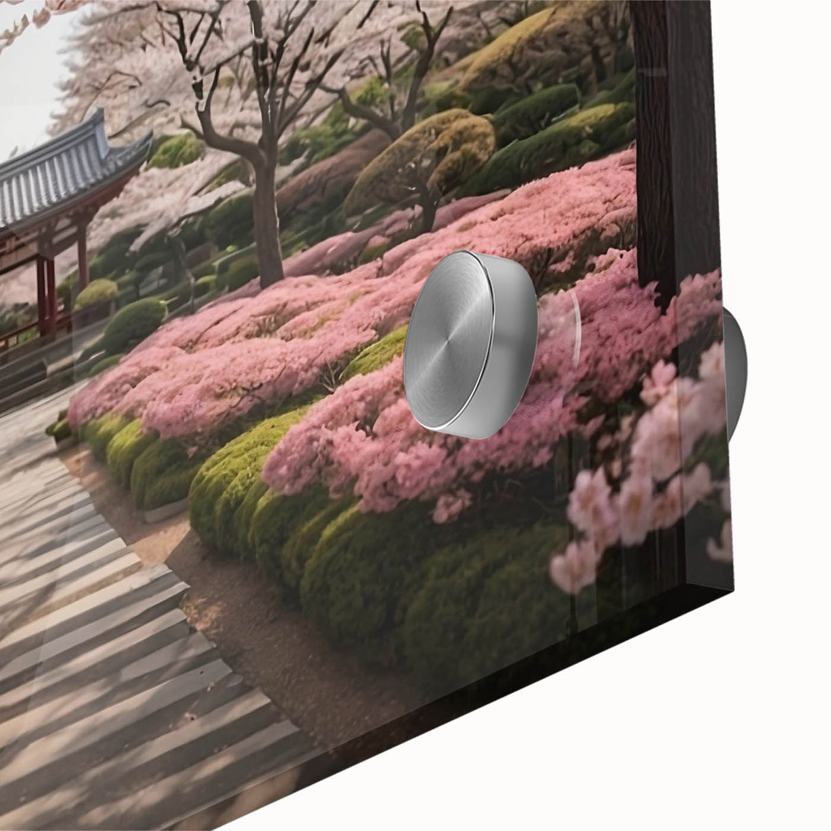Close-up of a botanical cherry blossom wall art design, showcasing intricate pink flowers and delicate branches on acrylic glass, perfect for home decor.