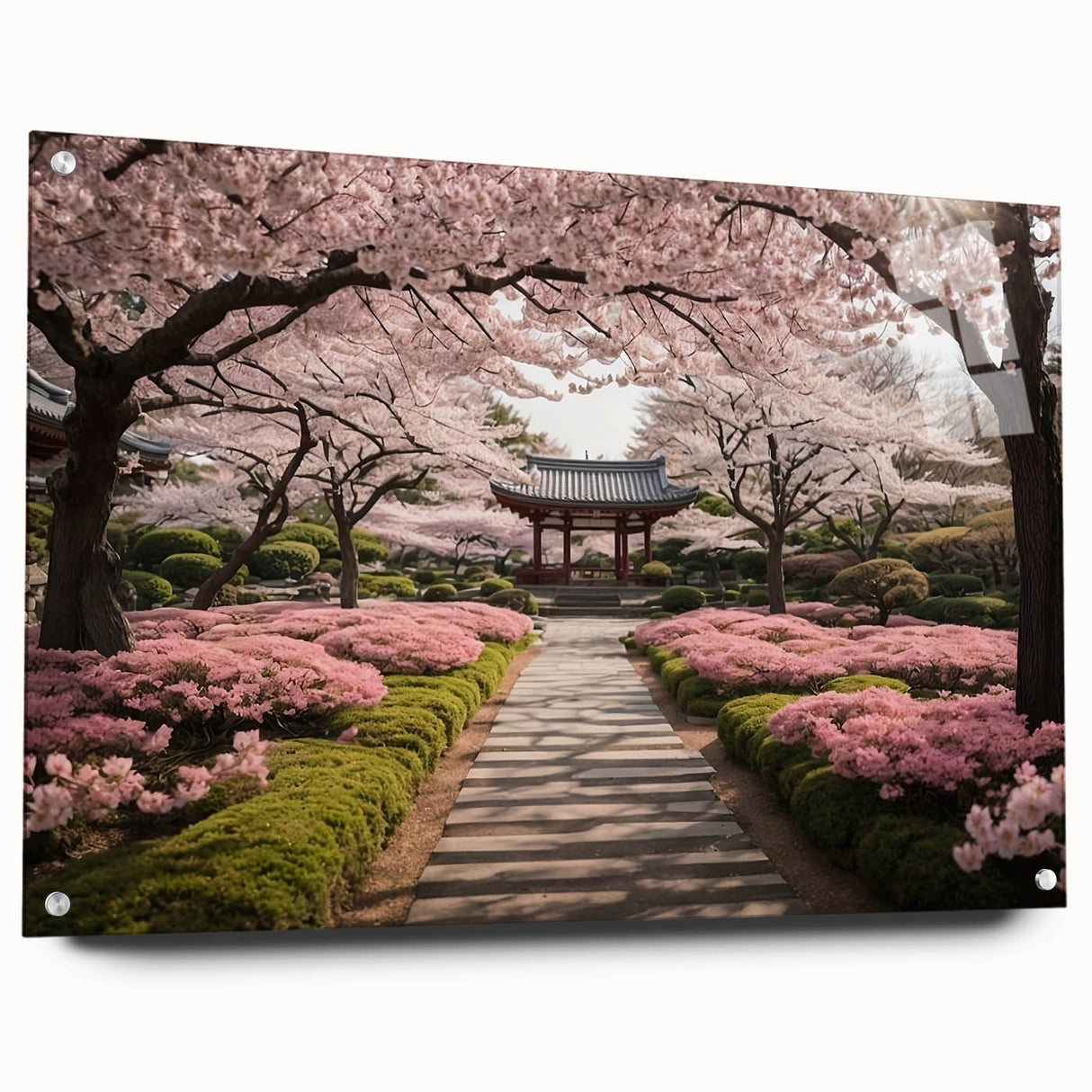 Acrylic glass wall art showcasing a vibrant cherry blossom botanical design, elegantly displayed with pins, perfect for home decor and nature-inspired aesthetics.