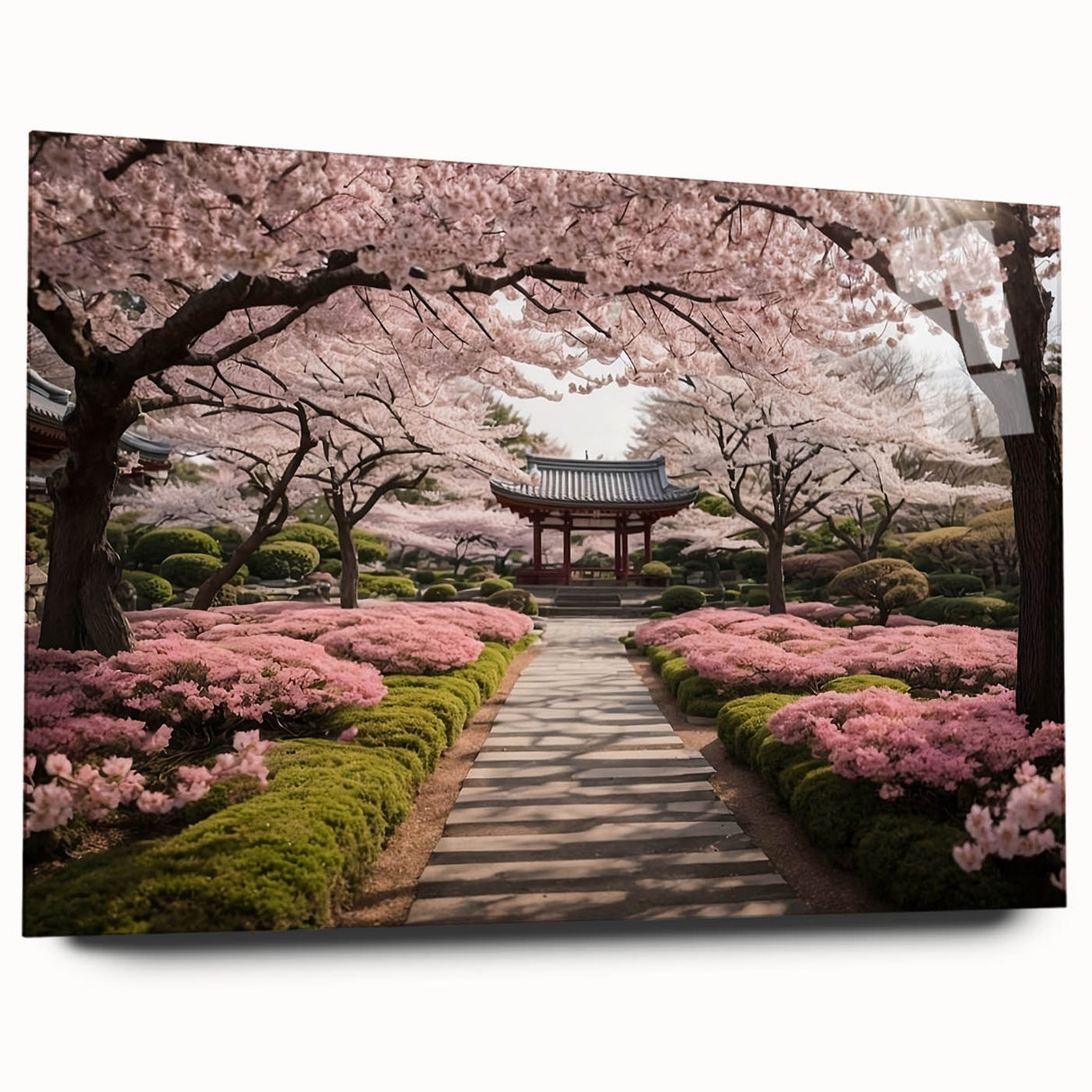 Elegant cherry blossom wall art design displayed in acrylic glass, showcasing delicate pink flowers on a minimalist background, perfect for modern decor.