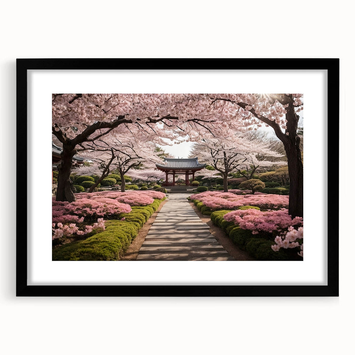 Elegant black-framed wall art featuring a botanical cherry blossom design, showcasing delicate pink flowers and green leaves against a white background, ideal for home decor.