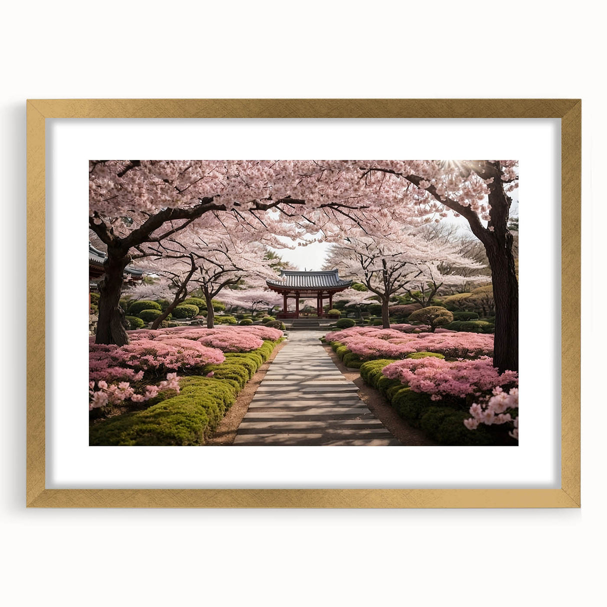 Elegant botanical wall art depicting cherry blossoms in a gold frame with matting, showcasing delicate pink flowers against a soft background, perfect for home decor.