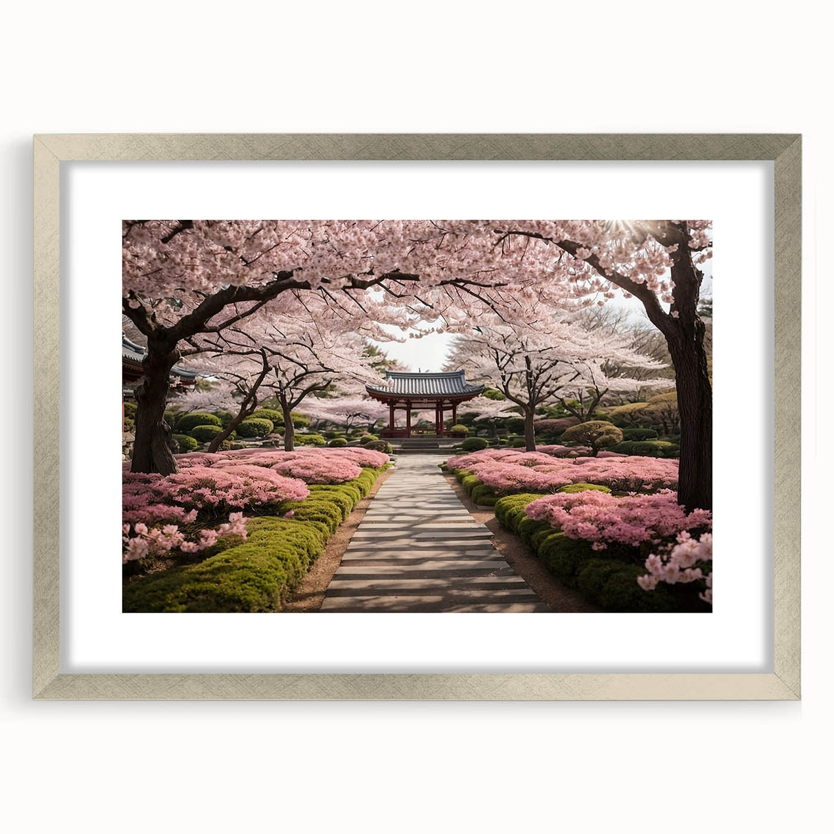 Botanical wall art collection showcasing a framed cherry blossom design with a silver mat, perfect for adding a touch of elegance to any decor.
