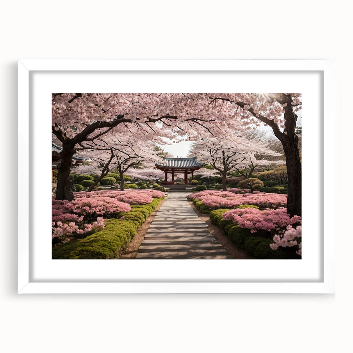 Botanical cherry blossom wall art framed in white with a mat, showcasing delicate pink flowers and intricate details, perfect for home decor.