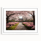 Botanical cherry blossom wall art framed in white with a mat, showcasing delicate pink flowers and intricate details, perfect for home decor.
