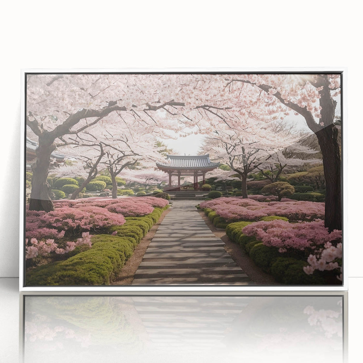 Framed wall art showcasing a botanical cherry blossom design, featuring delicate pink flowers against a white background, ideal for home decor enthusiasts.