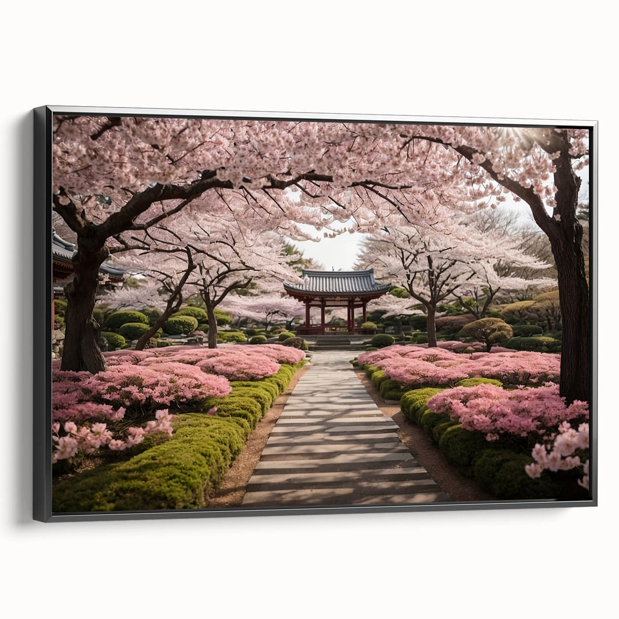 Framed canvas wall art showcasing a botanical cherry blossom design with intricate pink flowers on a black background, offering a modern touch to home decor.