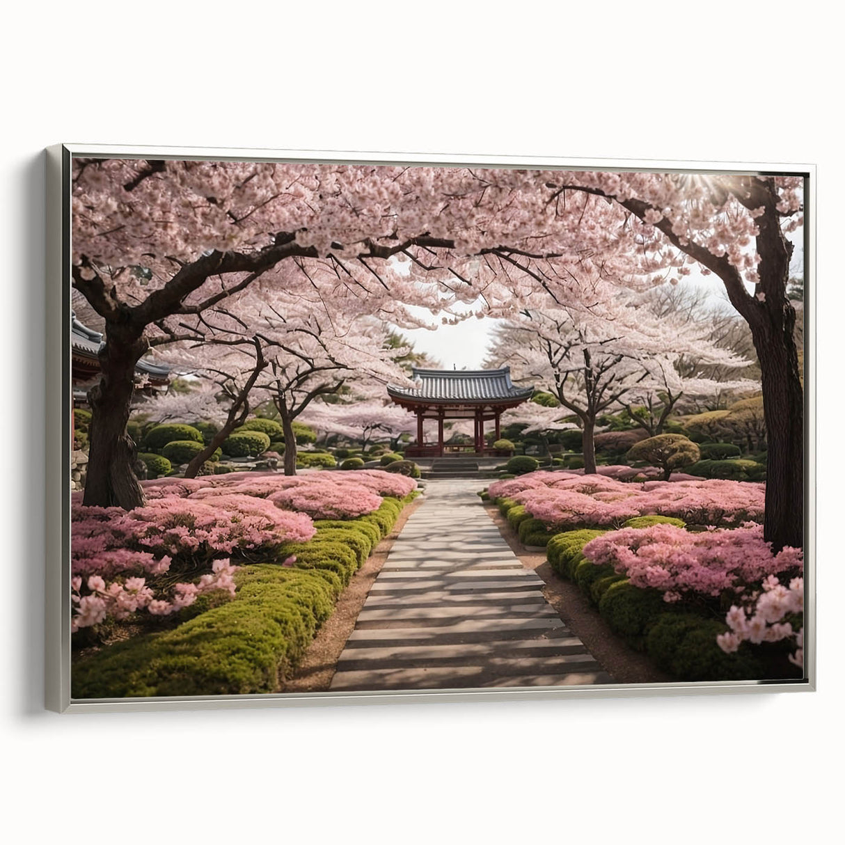 Framed canvas wall art showcasing a botanical cherry blossom design with a silver frame, perfect for home decor or gallery display, emphasizing nature's beauty.