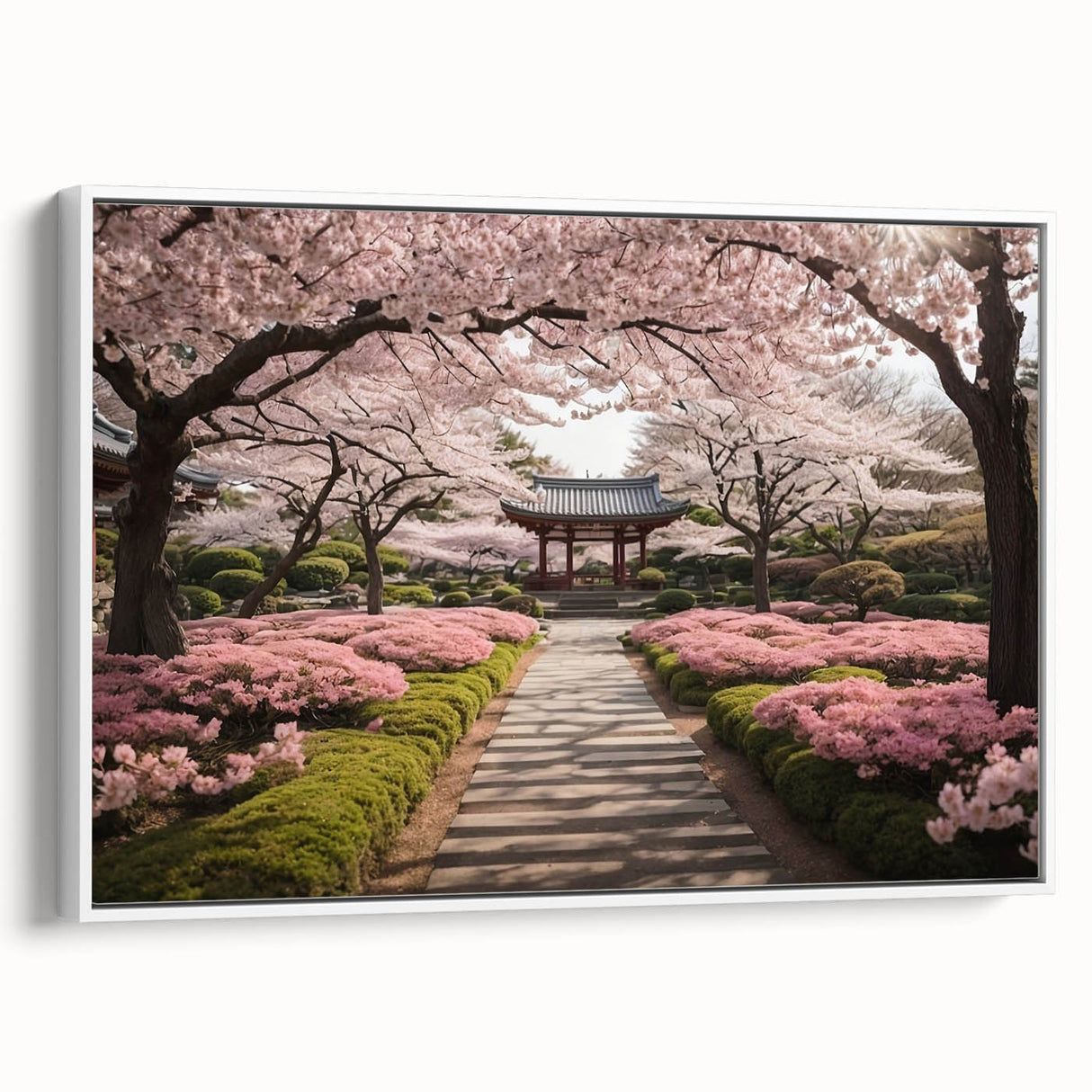 Framed canvas wall art showcasing a delicate cherry blossom botanical design, featuring soft pink flowers against a white background, ideal for modern home decor.