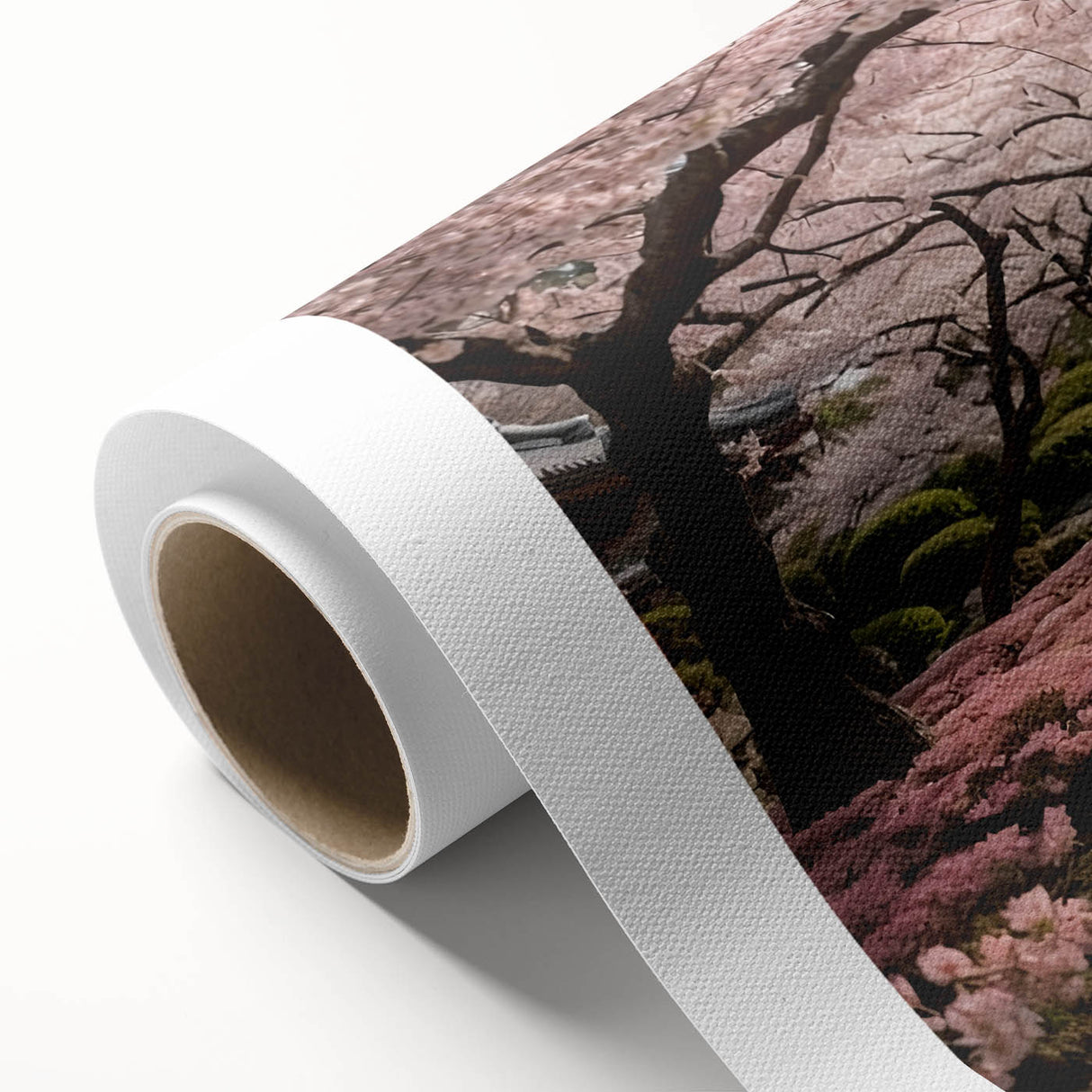 Cherry blossom botanical wall art design on rolled canvas, showcasing delicate pink flowers against a soft white background, ideal for home decor.