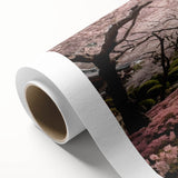 Cherry blossom botanical wall art design on rolled canvas, showcasing delicate pink flowers against a soft white background, ideal for home decor.