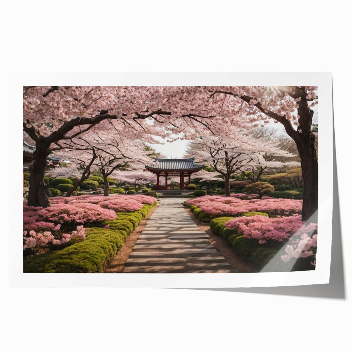 Cherry blossom botanical wall art print showcasing delicate pink flowers on a soft beige background, rolled for easy framing and display. Perfect for enhancing home decor.