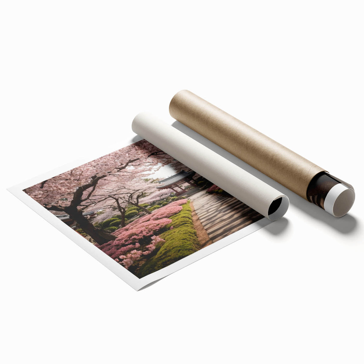 Cherry blossom botanical wall art print showcasing delicate pink flowers against a soft white background, rolled and ready for framing, ideal for home decor.