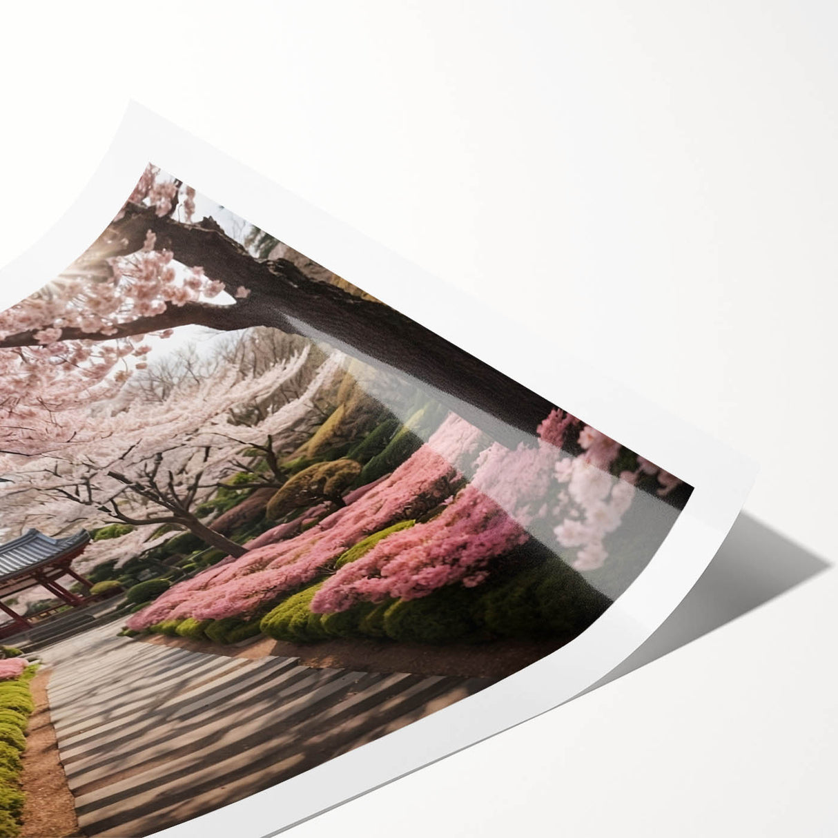 Delicate cherry blossom wall art print showcasing intricate pink floral designs against a soft white background, perfect for adding a serene touch to home decor.
