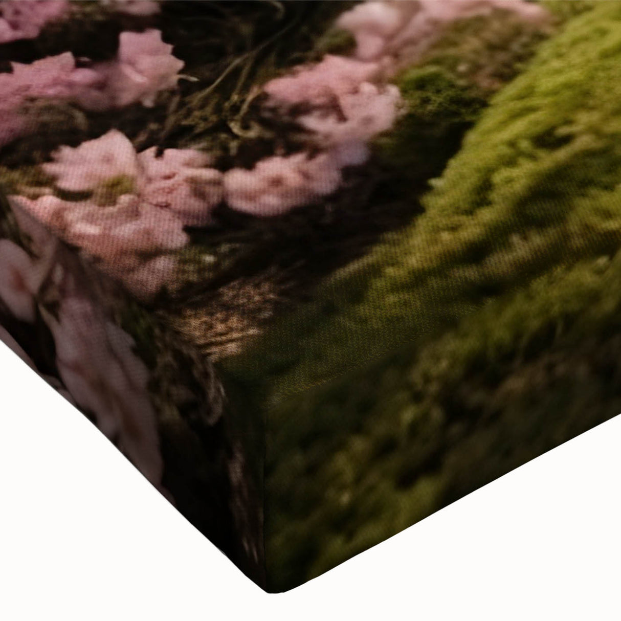 Close-up view of a vibrant cherry blossom design on stretched canvas wall art, showcasing delicate pink flowers and intricate botanical details against a soft background. Perfect for adding a touch of nature-inspired elegance to any space.