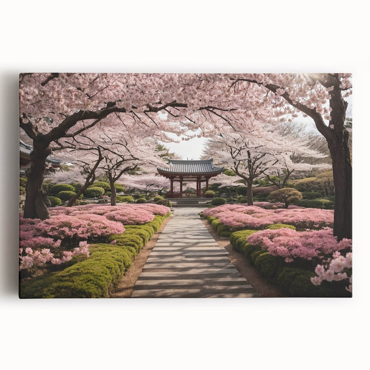 Cherry blossom wall art canvas print showcasing delicate pink flowers against a white background, designed to add a serene touch to home decor. This stretched canvas piece emphasizes tranquility and nature, ideal for floral enthusiasts and modern interiors.