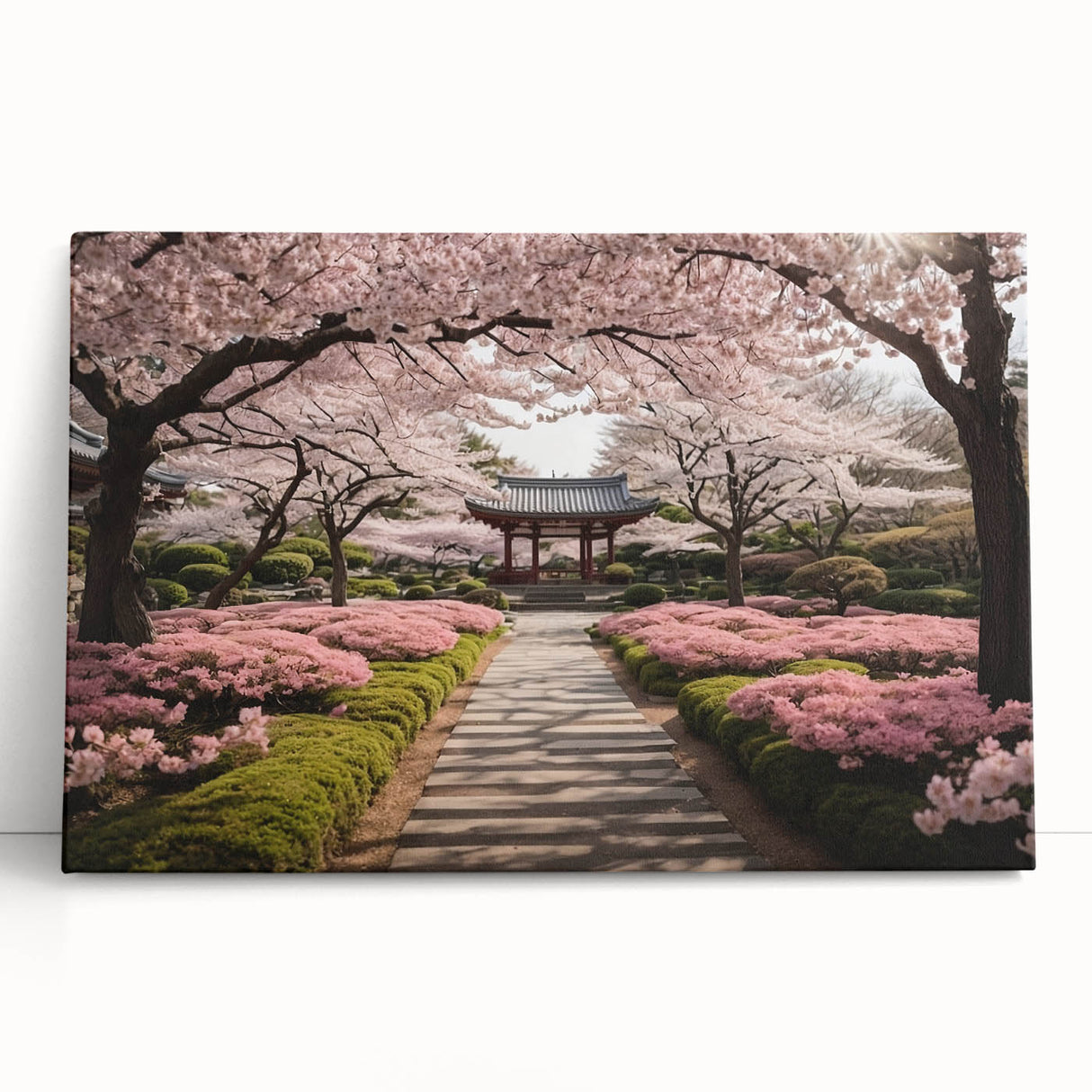 Cherry blossom wall art design on stretched canvas, showcasing delicate pink flowers against a soft white background, perfect for home decor and nature lovers.