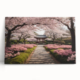Cherry blossom wall art design on stretched canvas, showcasing delicate pink flowers against a soft white background, perfect for home decor and nature lovers.