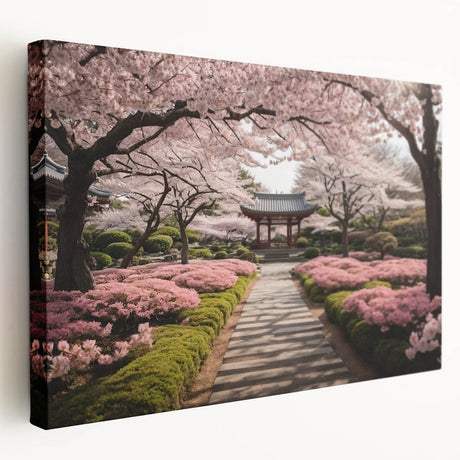 Stretched canvas wall art showcasing a delicate cherry blossom design, featuring soft pink flowers and lush green leaves, perfect for spring decor.